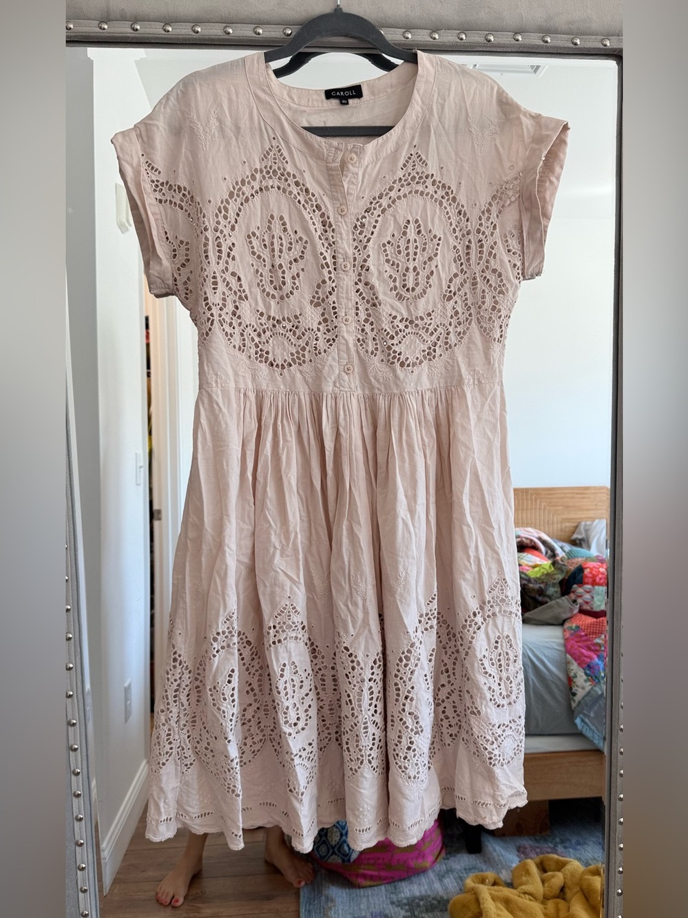 CAROLL PARIS VINTAGE cotton eyelet off white dress sz 40